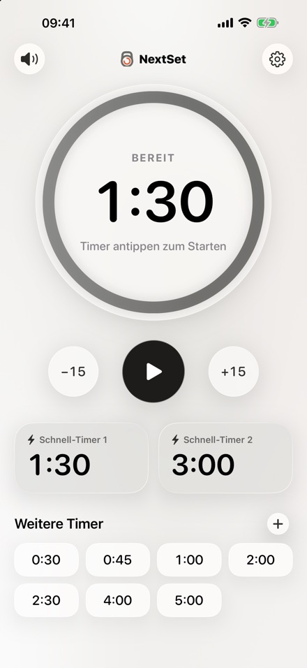 Startbildschirm mit zwei Schnell-Timern und weiteren Timern darunter