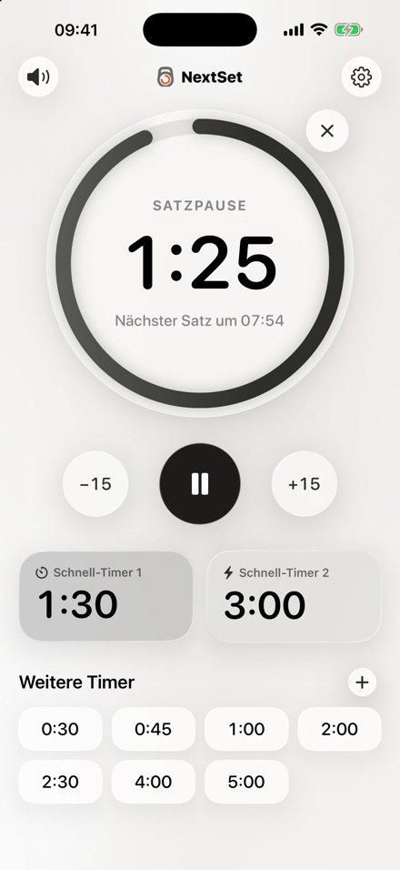 Laufende Satzpause mit Countdown-Ring