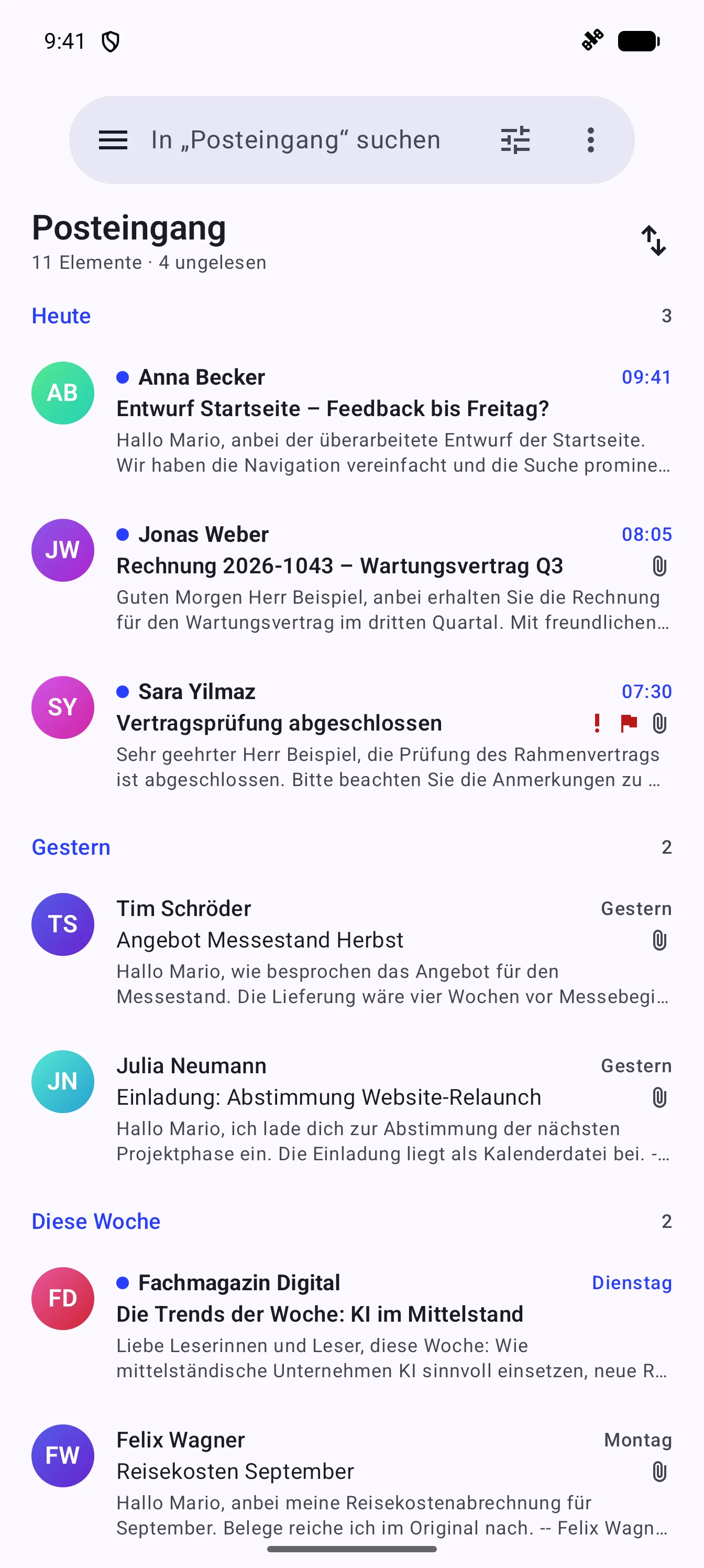 PST Viewer auf einem Android-Smartphone mit der Nachrichtenliste