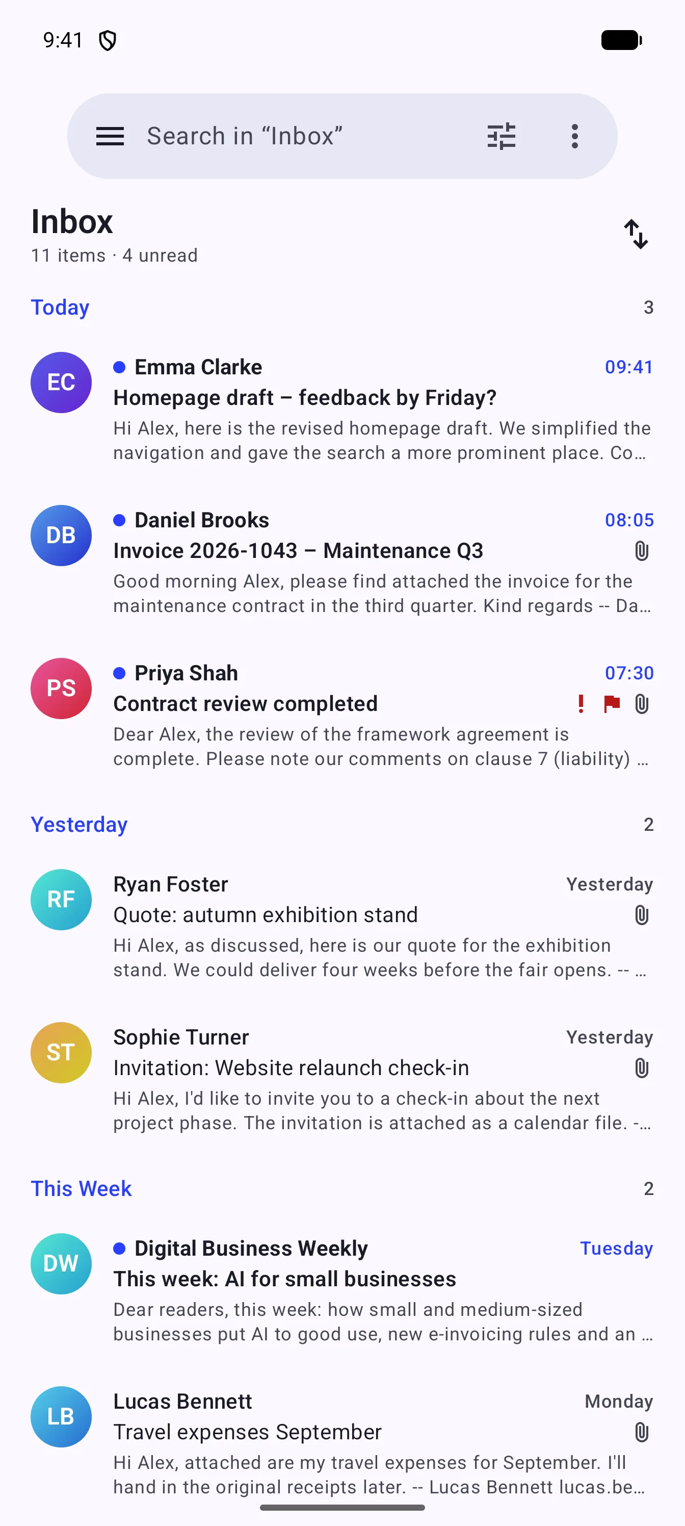 PST Viewer on an Android phone showing the message list