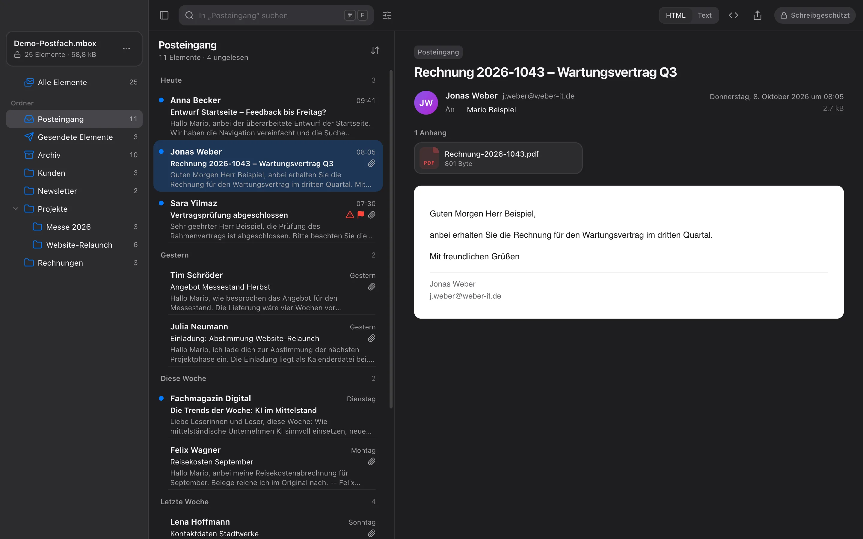 PST Viewer am Desktop im dunklen Design mit Ordnerliste, Nachrichtenliste und Lesebereich