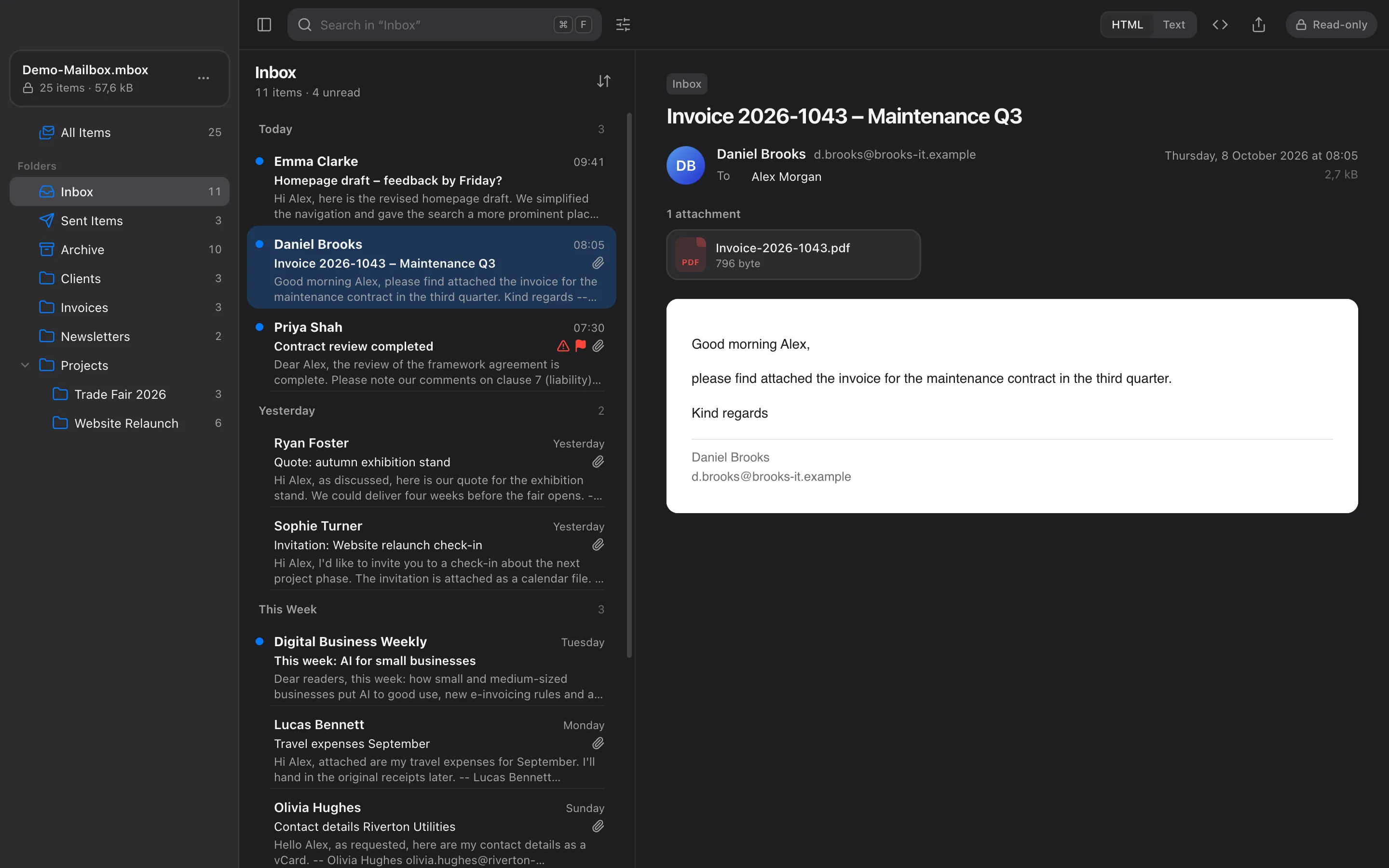 PST Viewer on the desktop in dark mode with folder list, message list and reading pane