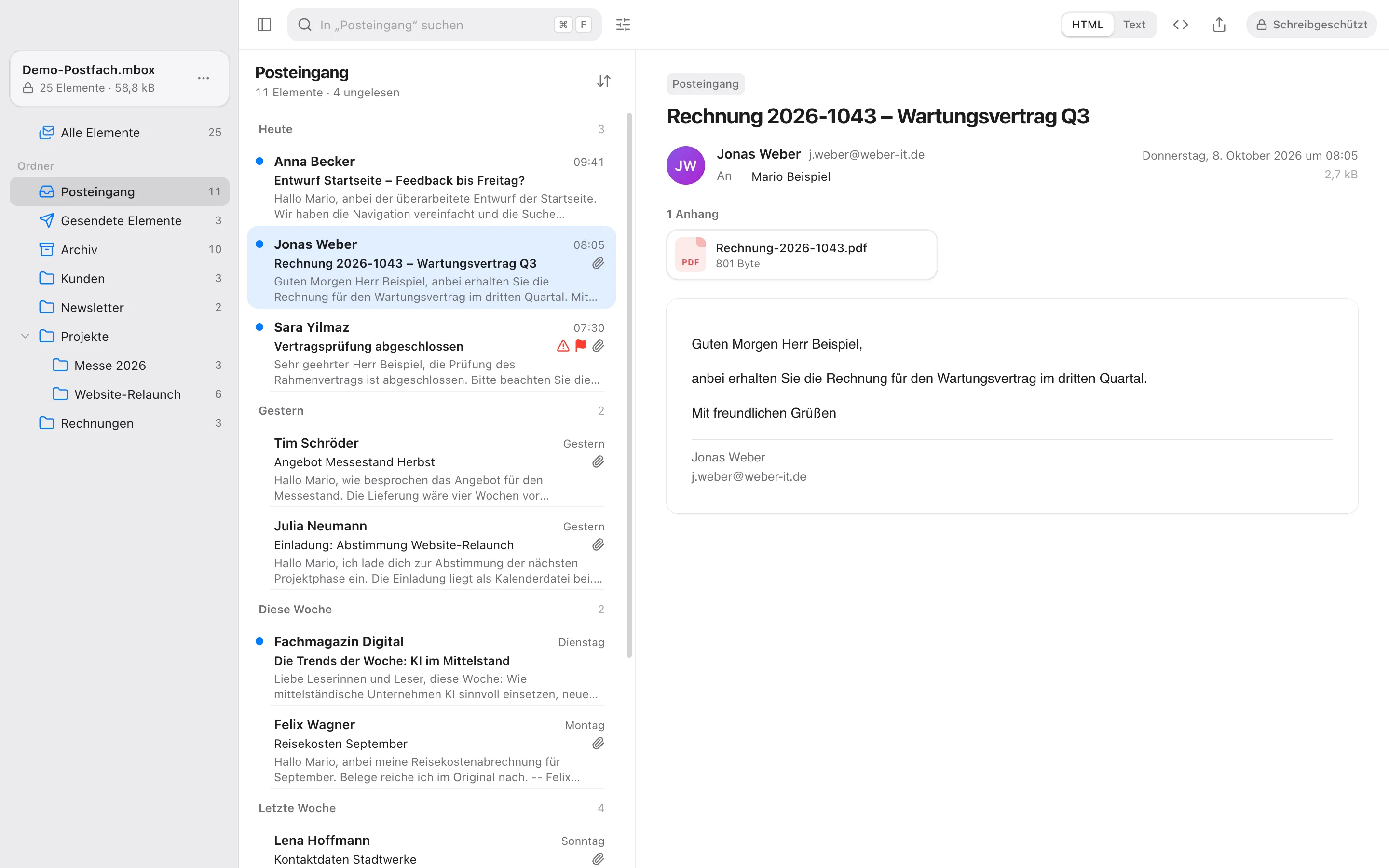 PST Viewer am Desktop im hellen Design mit Ordnerliste, Nachrichtenliste und Lesebereich