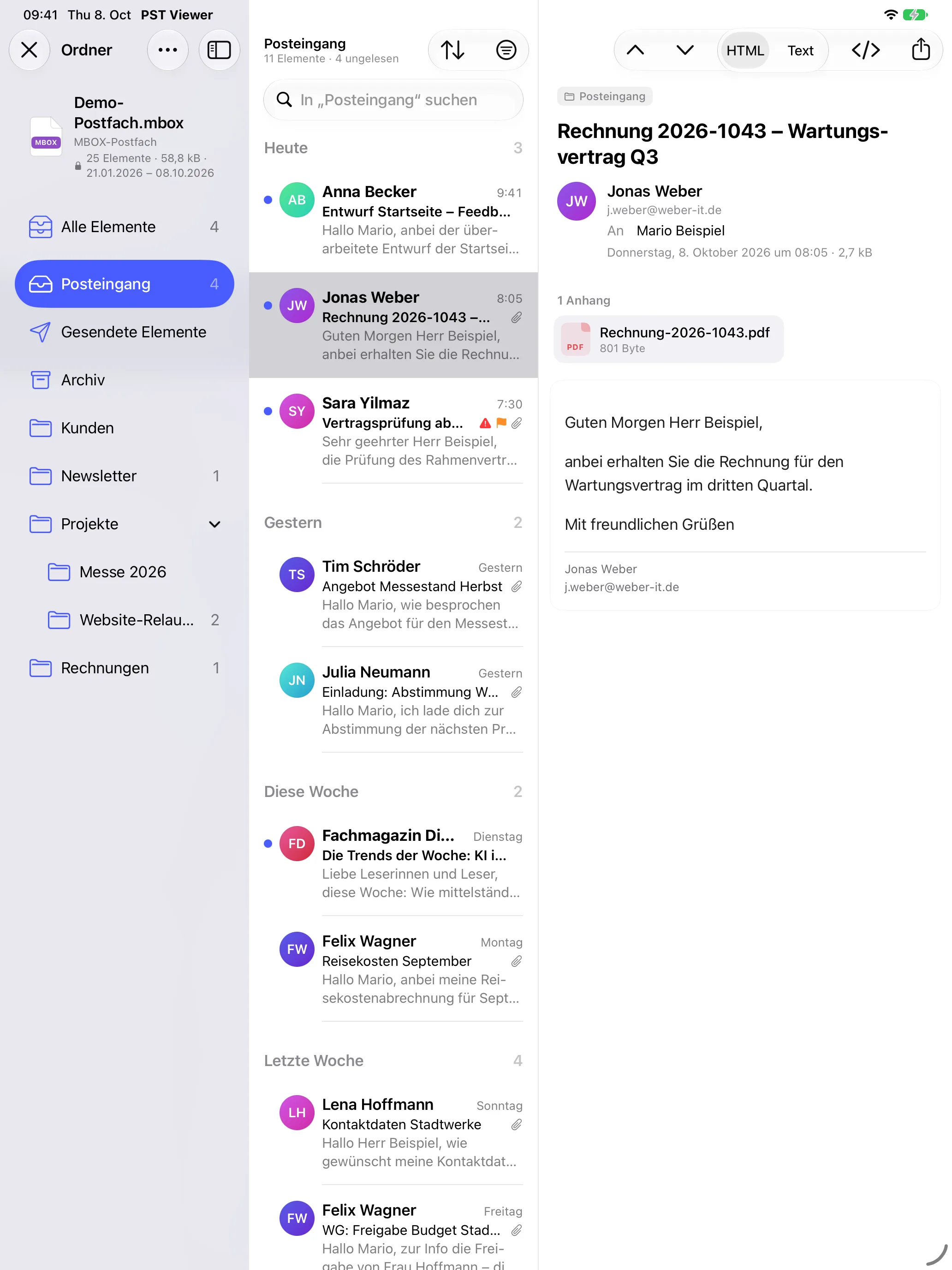 PST Viewer auf dem iPad mit Ordnern, Nachrichtenliste und Lesebereich