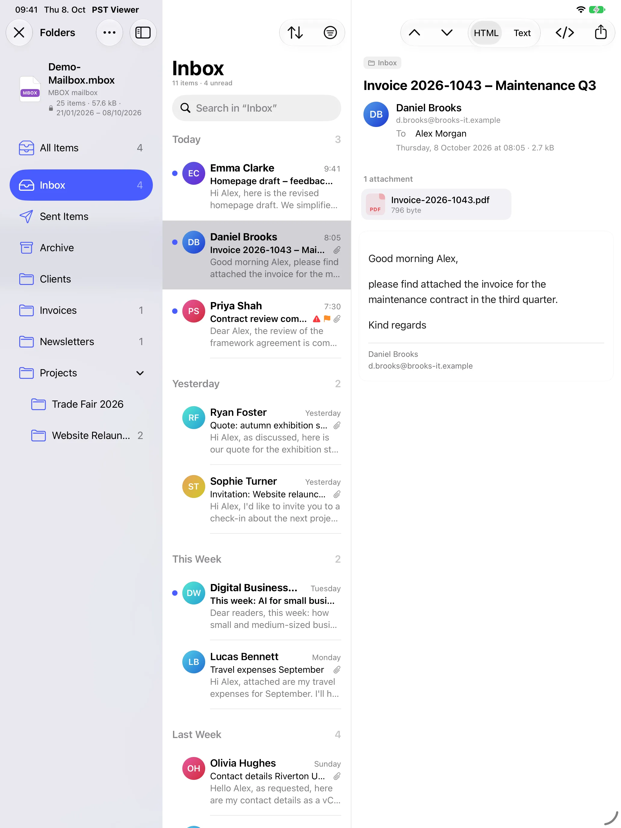 PST Viewer on the iPad with folders, message list and reading pane
