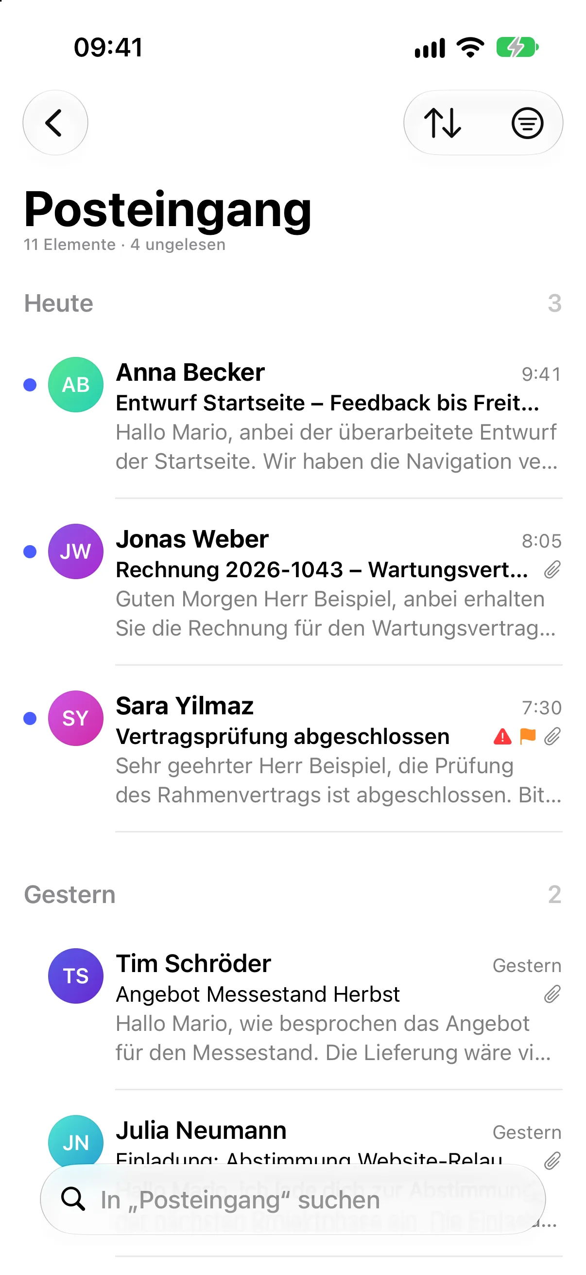 PST Viewer auf dem iPhone mit der Nachrichtenliste
